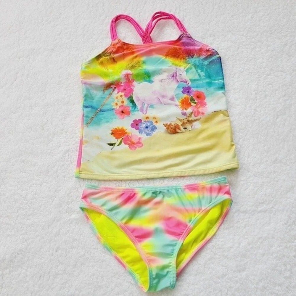 Wonder Nation Girls Sz M 7/8 Unicorn Tankini Bikini 2 Pcs UPF 50+